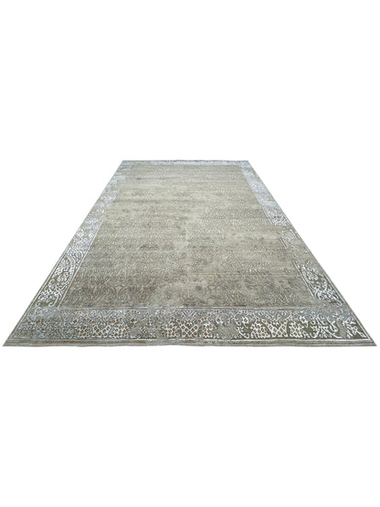 Beige and Gold, Silk and Wool Oxidized Transitional Handknotted 9.0X12.0Ft 275x365Cms Area Rug