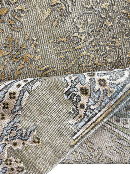 Beige and Gold, Silk and Wool Oxidized Transitional Handknotted 9.0X12.0Ft 275x365Cms Area Rug