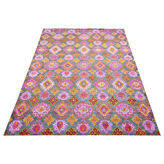 Pink Multy, Sari Silk and Wool Oxidized Transitional Handknotted 7.9x10.1Ft 237x307Cms Area Rug
