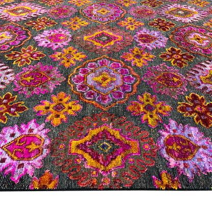 Pink Multy, Sari Silk and Wool Oxidized Transitional Handknotted 7.9x10.1Ft 237x307Cms Area Rug