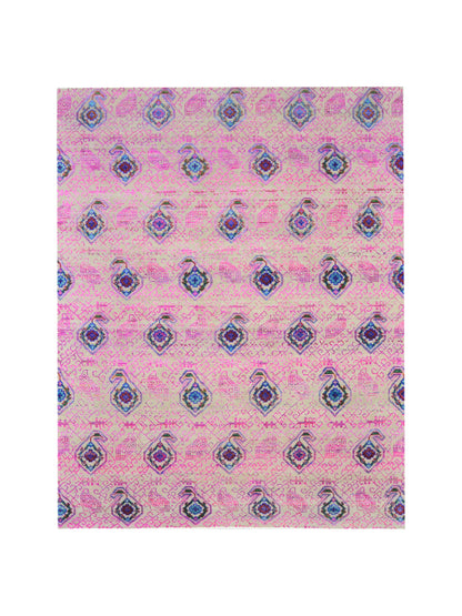 Pink and Ivory, Sari Silk and Wool Transitional Handknotted 7.10x9.11Ft 238x303Cms Area Rug