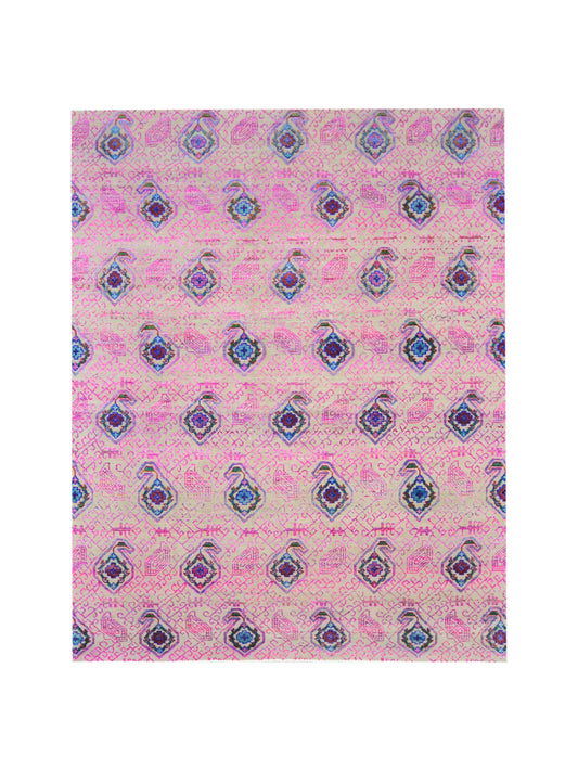 Pink and Ivory, Sari Silk and Wool Transitional Handknotted 7.10x9.11Ft 238x303Cms Area Rug