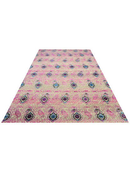 Pink and Ivory, Sari Silk and Wool Transitional Handknotted 7.10x9.11Ft 238x303Cms Area Rug
