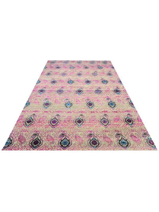 Pink and Ivory, Sari Silk and Wool Transitional Handknotted 7.10x9.11Ft 238x303Cms Area Rug