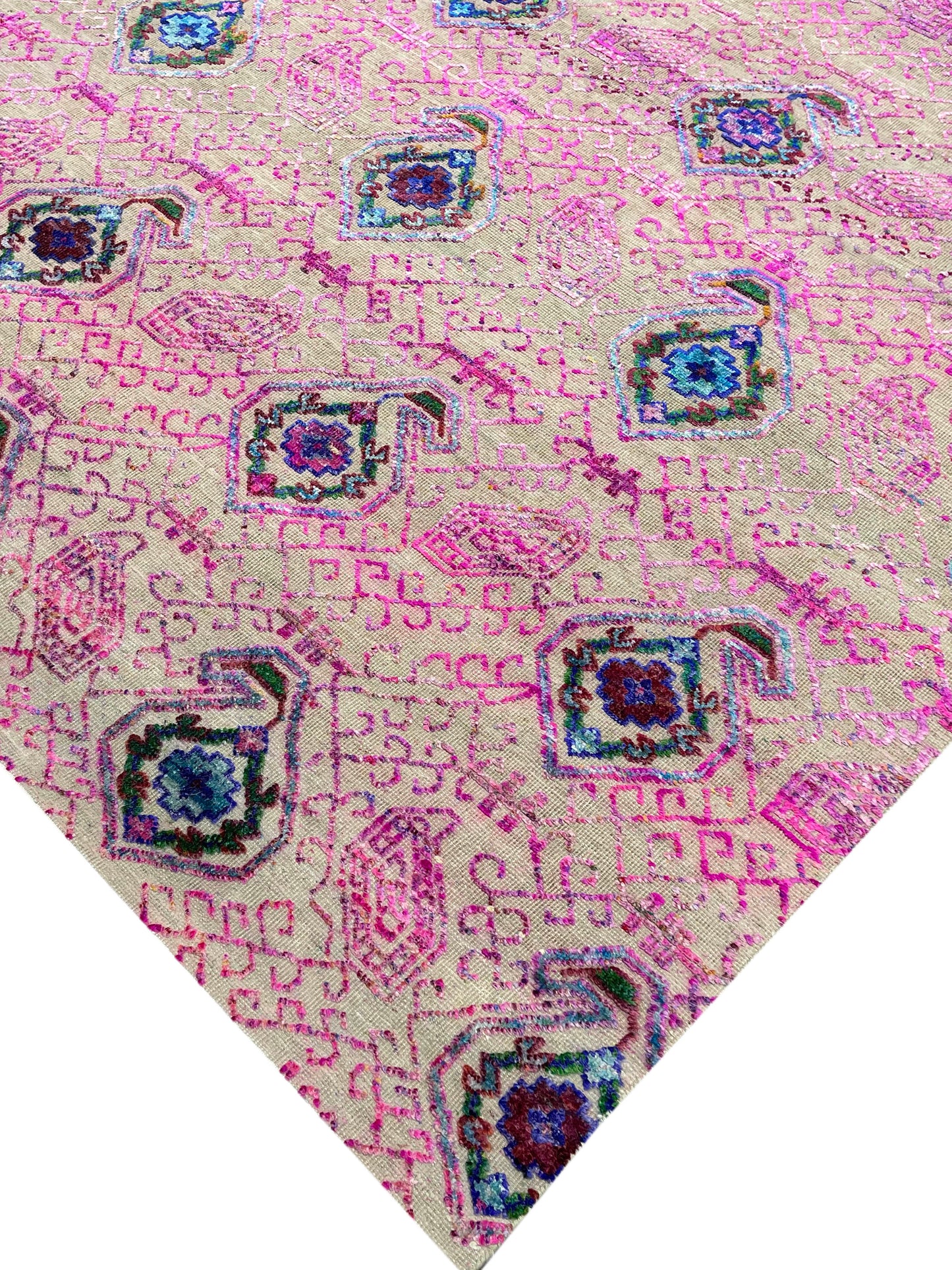 Pink and Ivory, Sari Silk and Wool Transitional Handknotted 7.10x9.11Ft 238x303Cms Area Rug