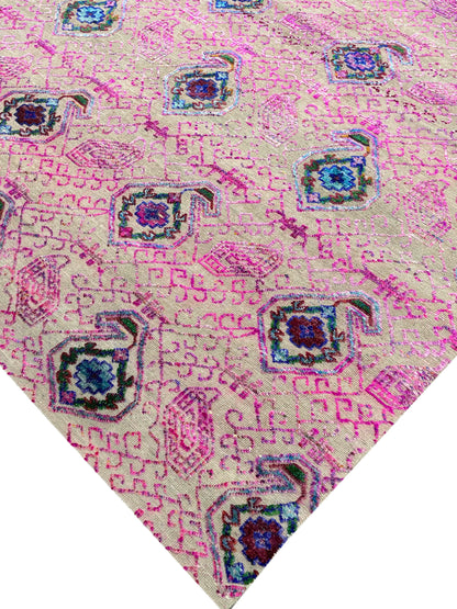 Pink and Ivory, Sari Silk and Wool Transitional Handknotted 7.10x9.11Ft 238x303Cms Area Rug