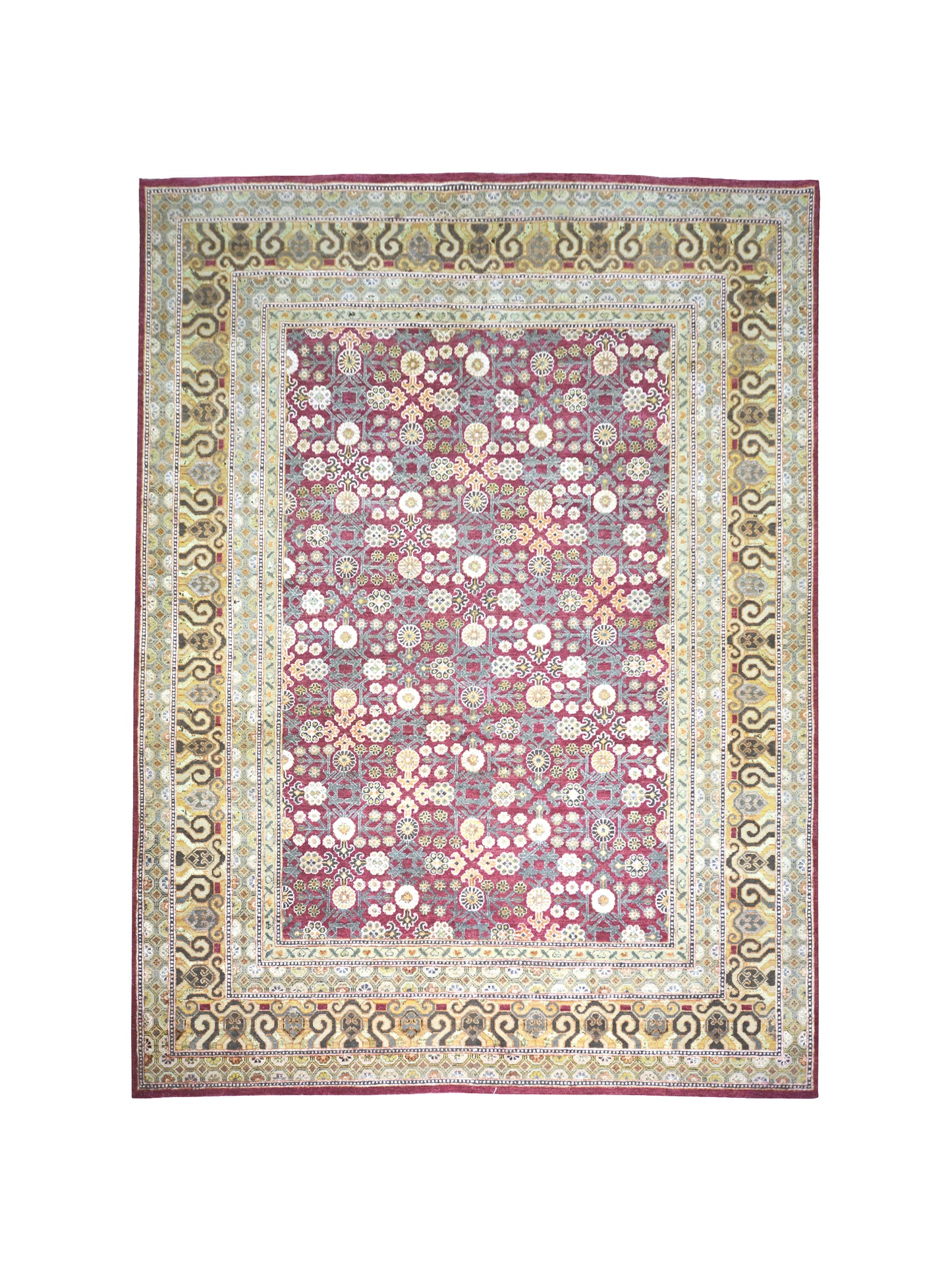 Gold and Ivory, Silk and Wool Oxidized Traditional Handknotted 8.0x10.0Ft 245x305Cms Area Rug