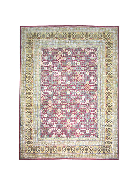 Gold and Ivory, Silk and Wool Oxidized Traditional Handknotted 8.0x10.0Ft 245x305Cms Area Rug