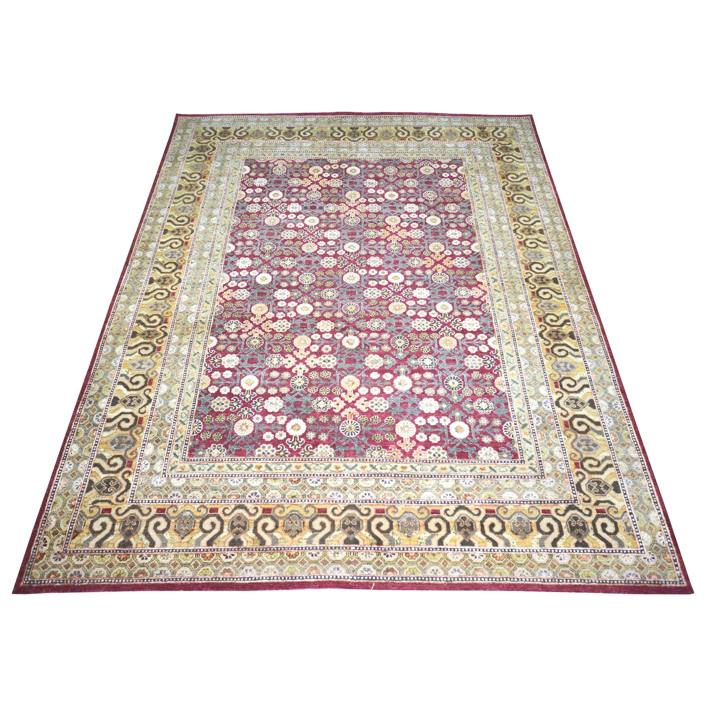 Gold and Ivory, Silk and Wool Oxidized Traditional Handknotted 8.0x10.0Ft 245x305Cms Area Rug