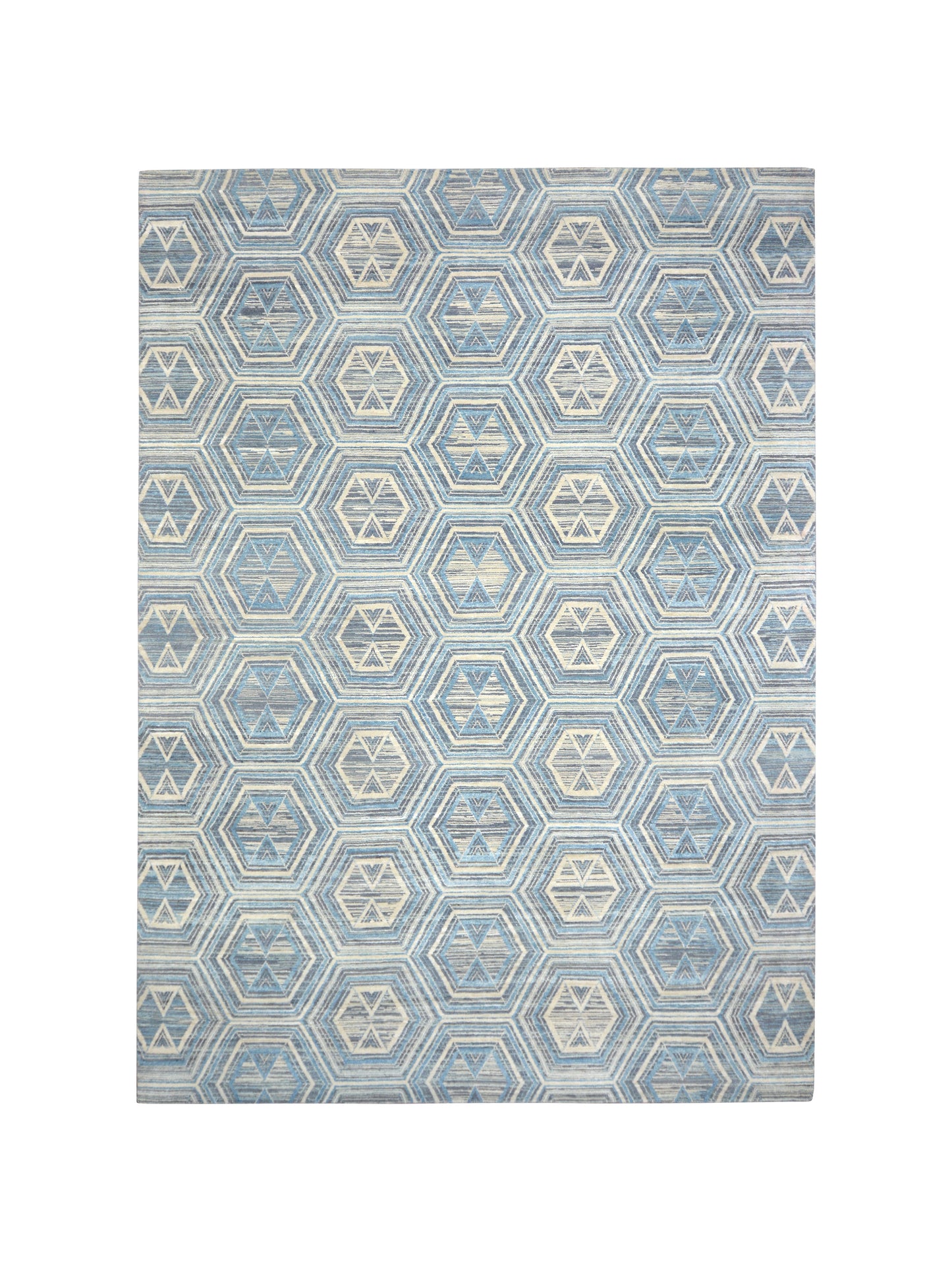 Blue and Grey Pure Wool Modern Textured Handknotted Area Rug