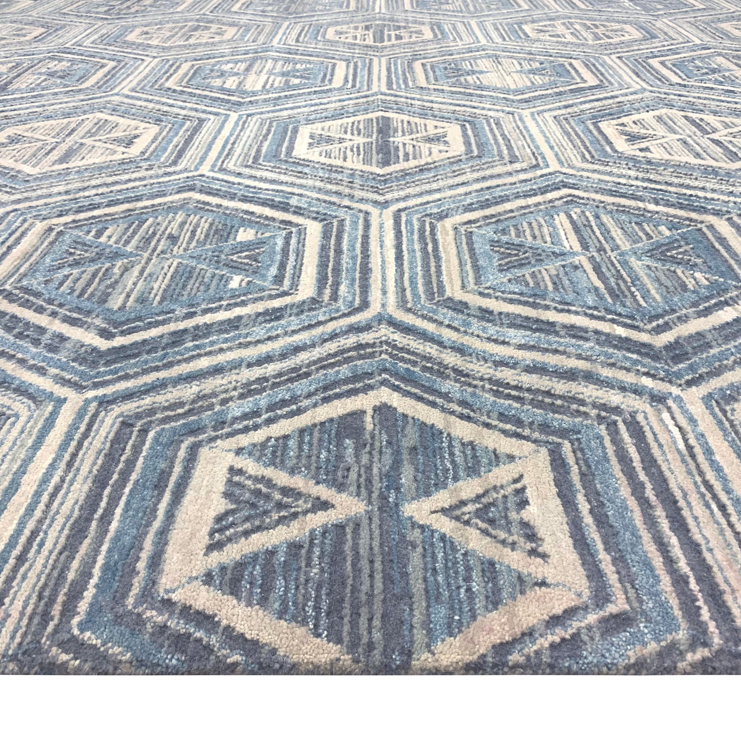 Blue and Grey Pure Wool Modern Textured Handknotted Area Rug