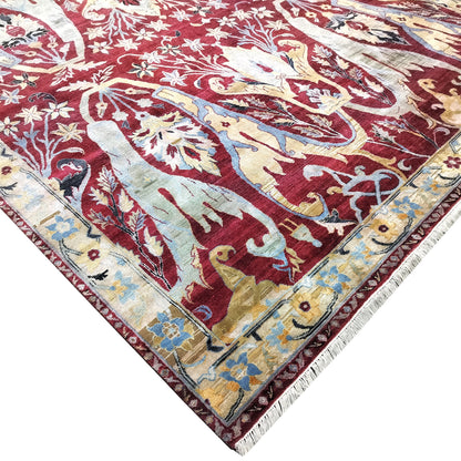 One of a Kind Red and Gold Pure Silk and Sari Silk Traditional Antique Bidjar Handknotted 9.1x12.3ft 277x374Cms Area Rug