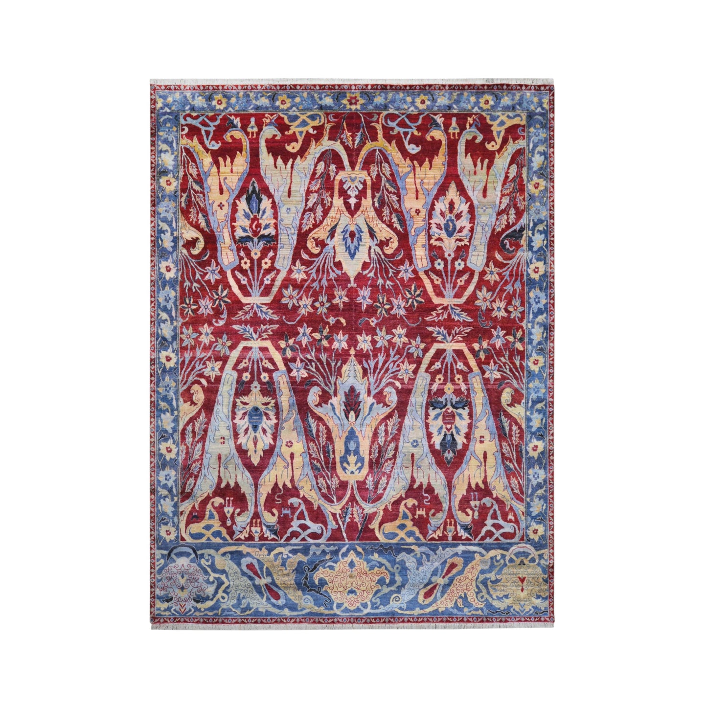 Red Blue, Pure Silk, Sari Silk Wool Transitional Handknotted 9.0X12.2Ft 273x370Cms Area Rug