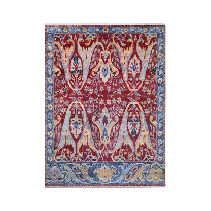 Red Blue, Pure Silk, Sari Silk Wool Transitional Handknotted 9.0X12.2Ft 273x370Cms Area Rug