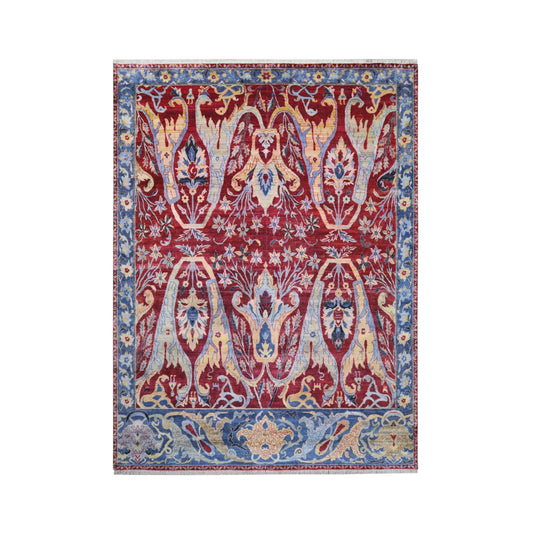 Red Blue, Pure Silk, Sari Silk Wool Transitional Handknotted 9.0X12.2Ft 273x370Cms Area Rug
