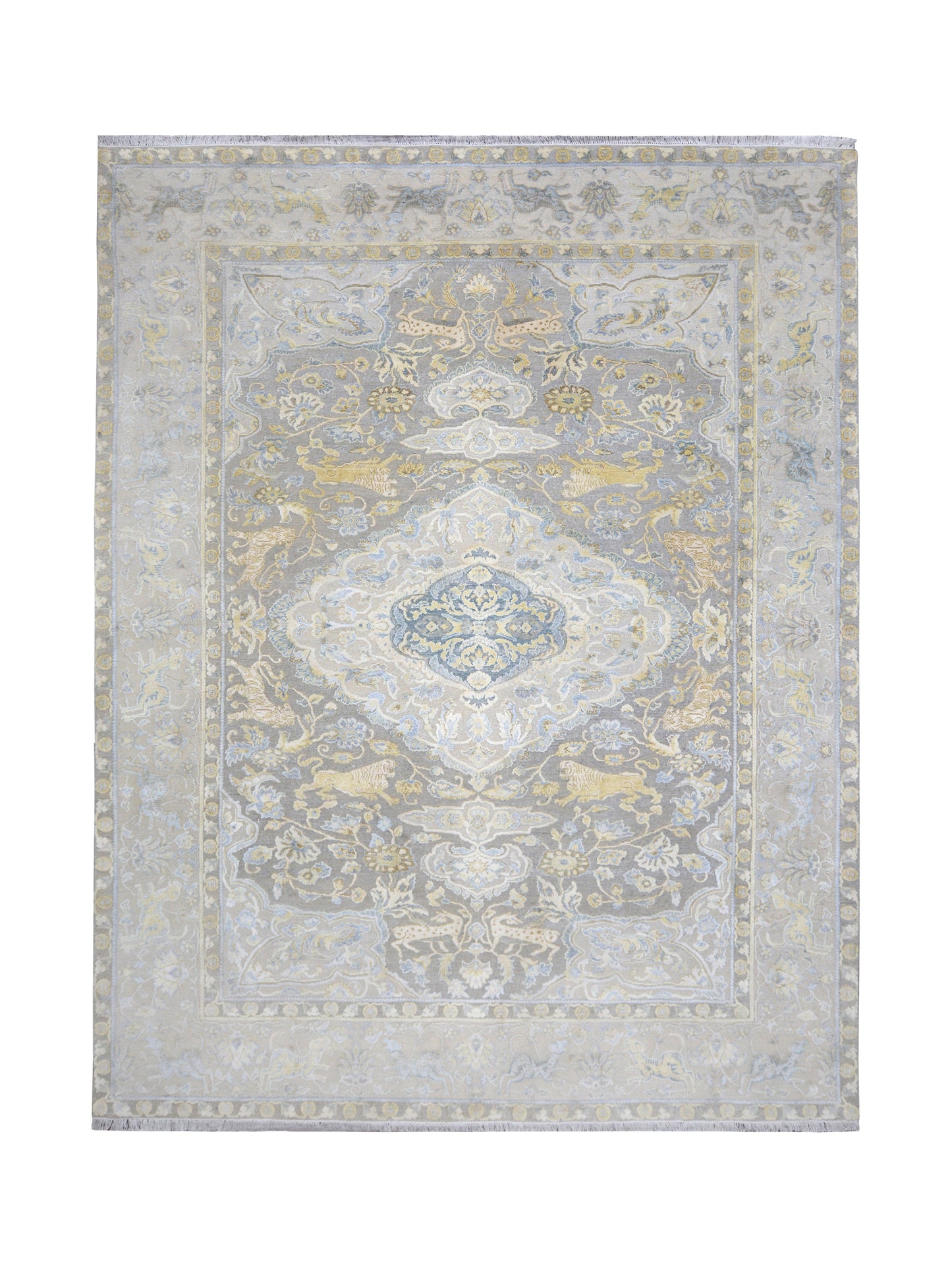 Grey Ivory, Silk Wool Oxidized Transitional Persian Handknotted 9.0x12.4Ft 274x375Cms Area Rug