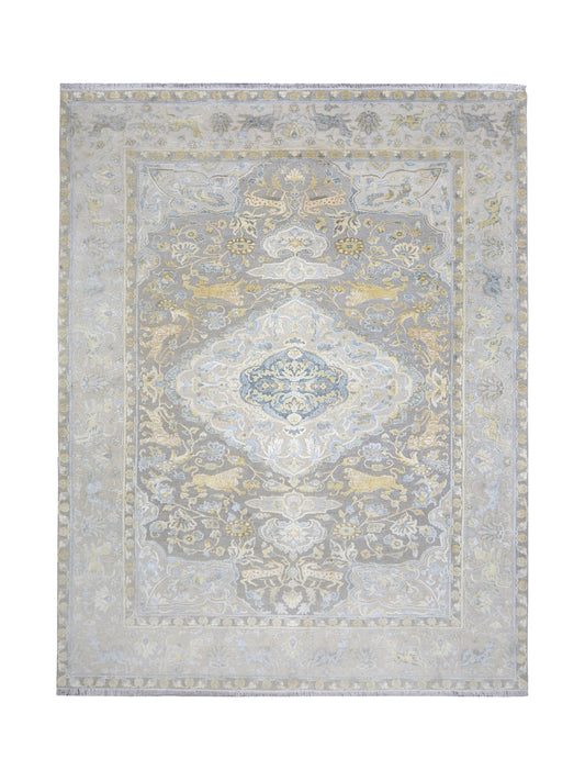 Grey Ivory, Silk Wool Oxidized Transitional Persian Handknotted 9.0x12.4Ft 274x375Cms Area Rug