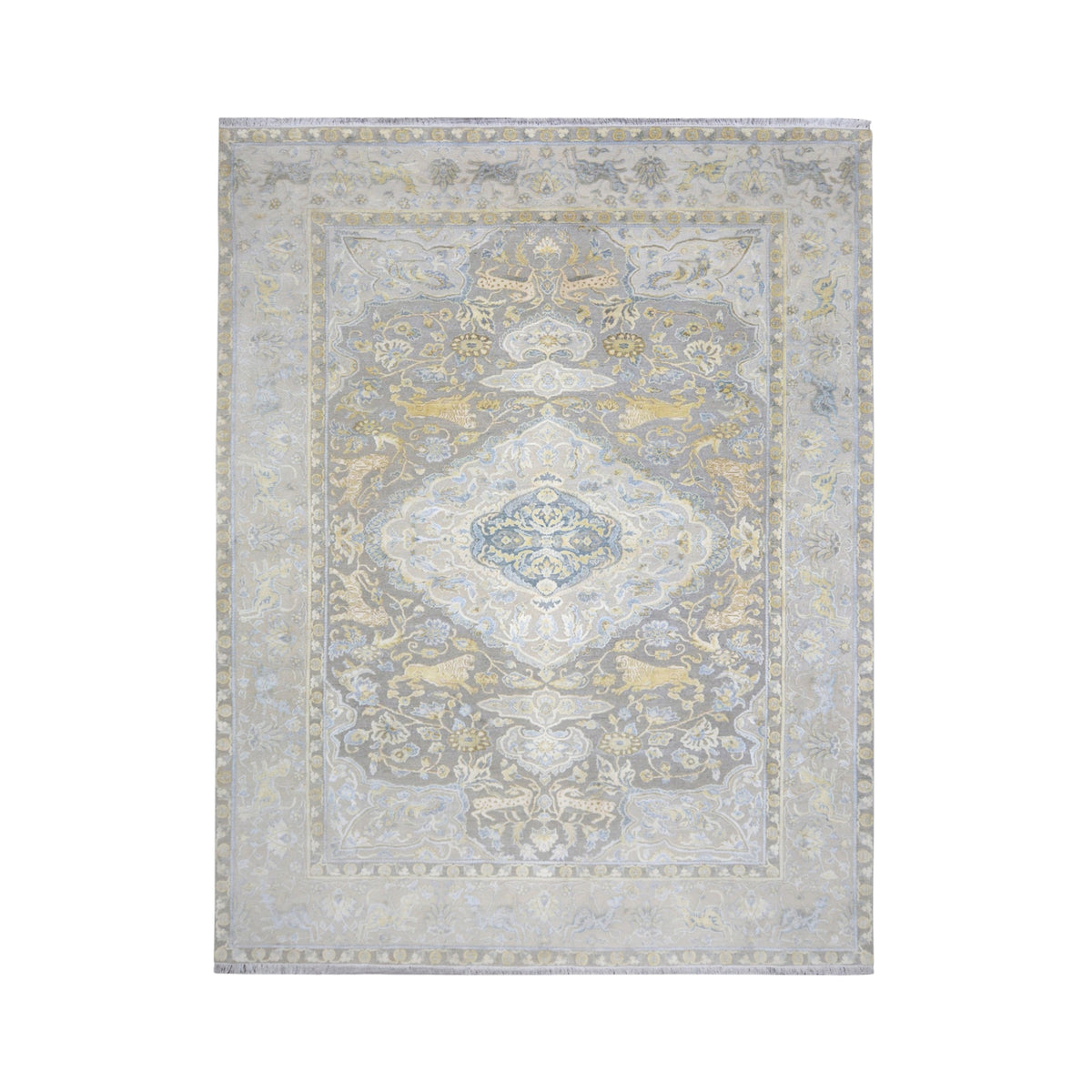 Grey Ivory, Silk Wool Oxidized Transitional Persian Handknotted 9.0x12.4Ft 274x375Cms Area Rug