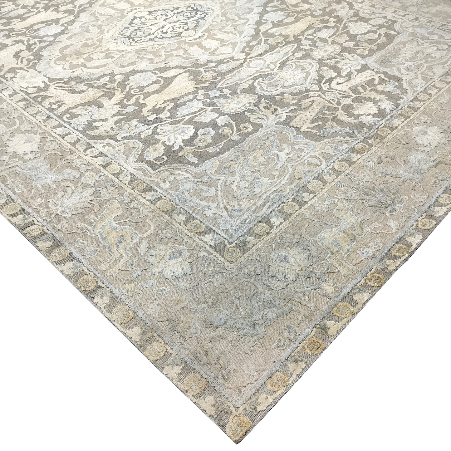 Grey Ivory, Silk Wool Oxidized Transitional Persian Handknotted 9.0x12.4Ft 274x375Cms Area Rug