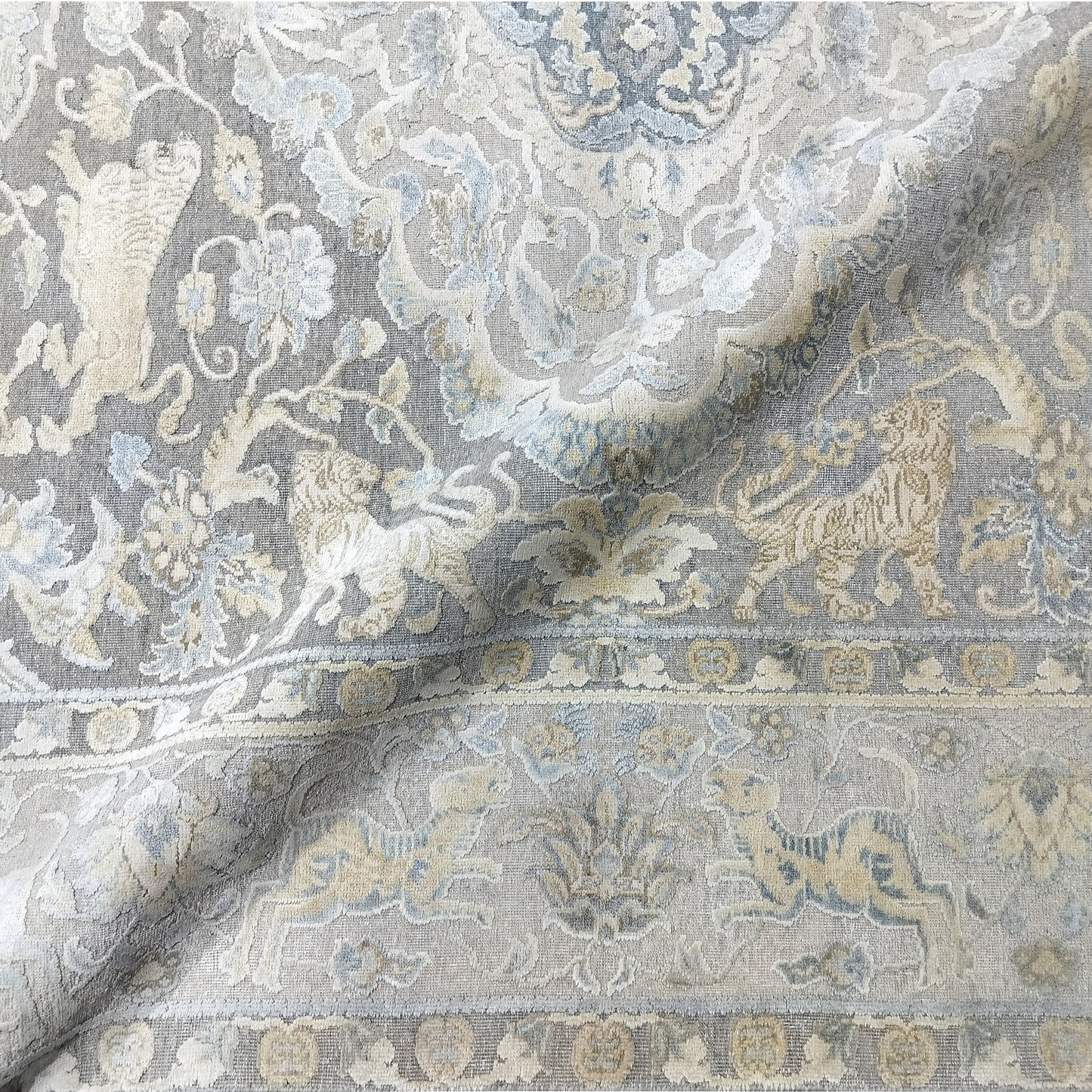 Grey Ivory, Silk Wool Oxidized Transitional Persian Handknotted 9.0x12.4Ft 274x375Cms Area Rug