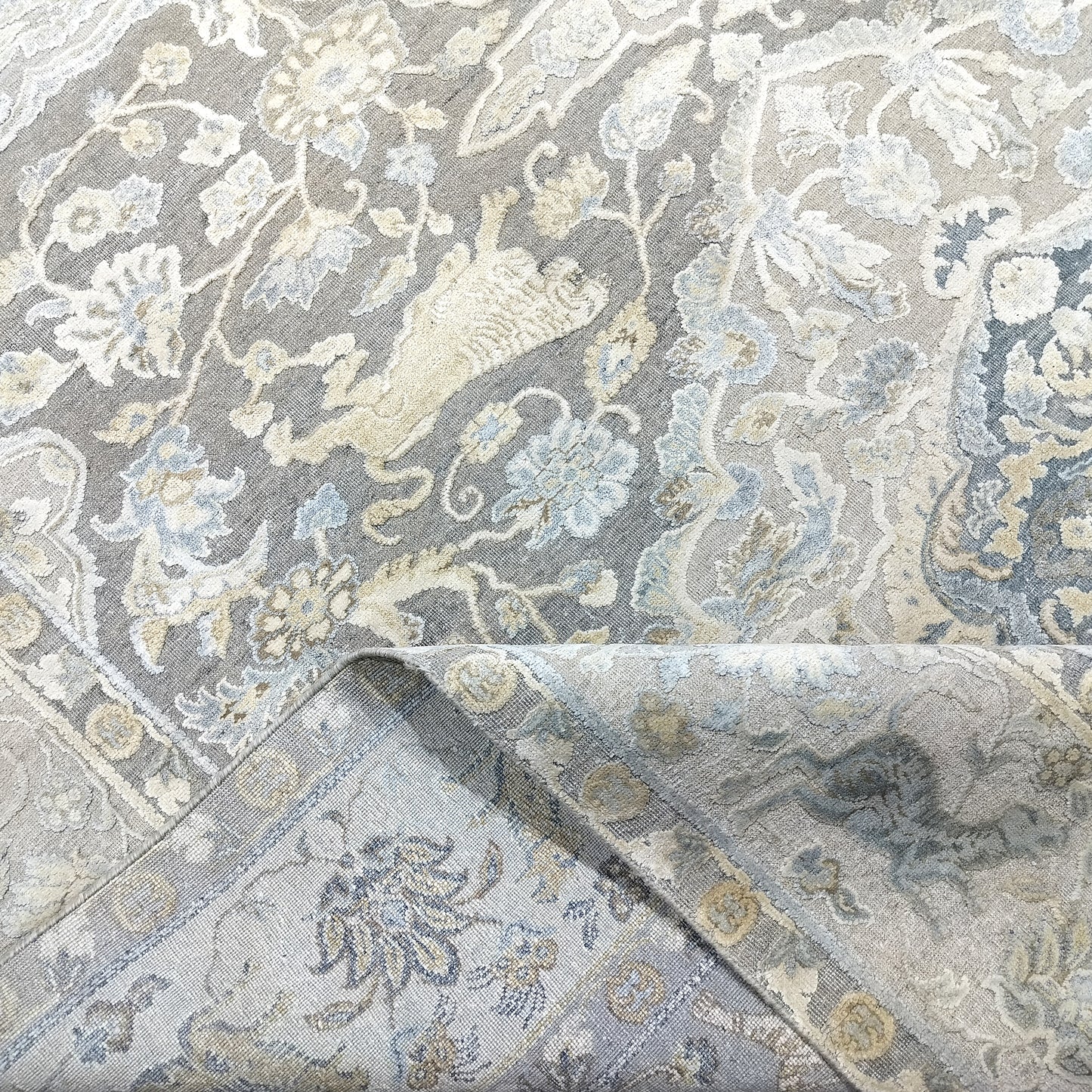 Grey Ivory, Silk Wool Oxidized Transitional Persian Handknotted 9.0x12.4Ft 274x375Cms Area Rug
