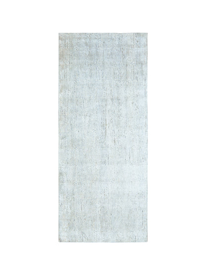 Grey and Silver Silk and Wool Modern Pattern Handknotted 4.2x9.10Ft 127x300Cms Area Rug
