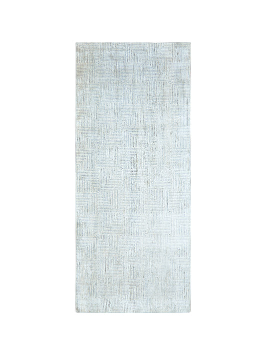 Grey and Silver Silk and Wool Modern Pattern Handknotted 4.2x9.10Ft 127x300Cms Area Rug