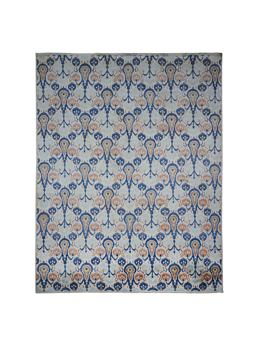 Allegra Ivory, Blue and Light Brown Transitional Ikat Pure Silk Handknotted Area Rug