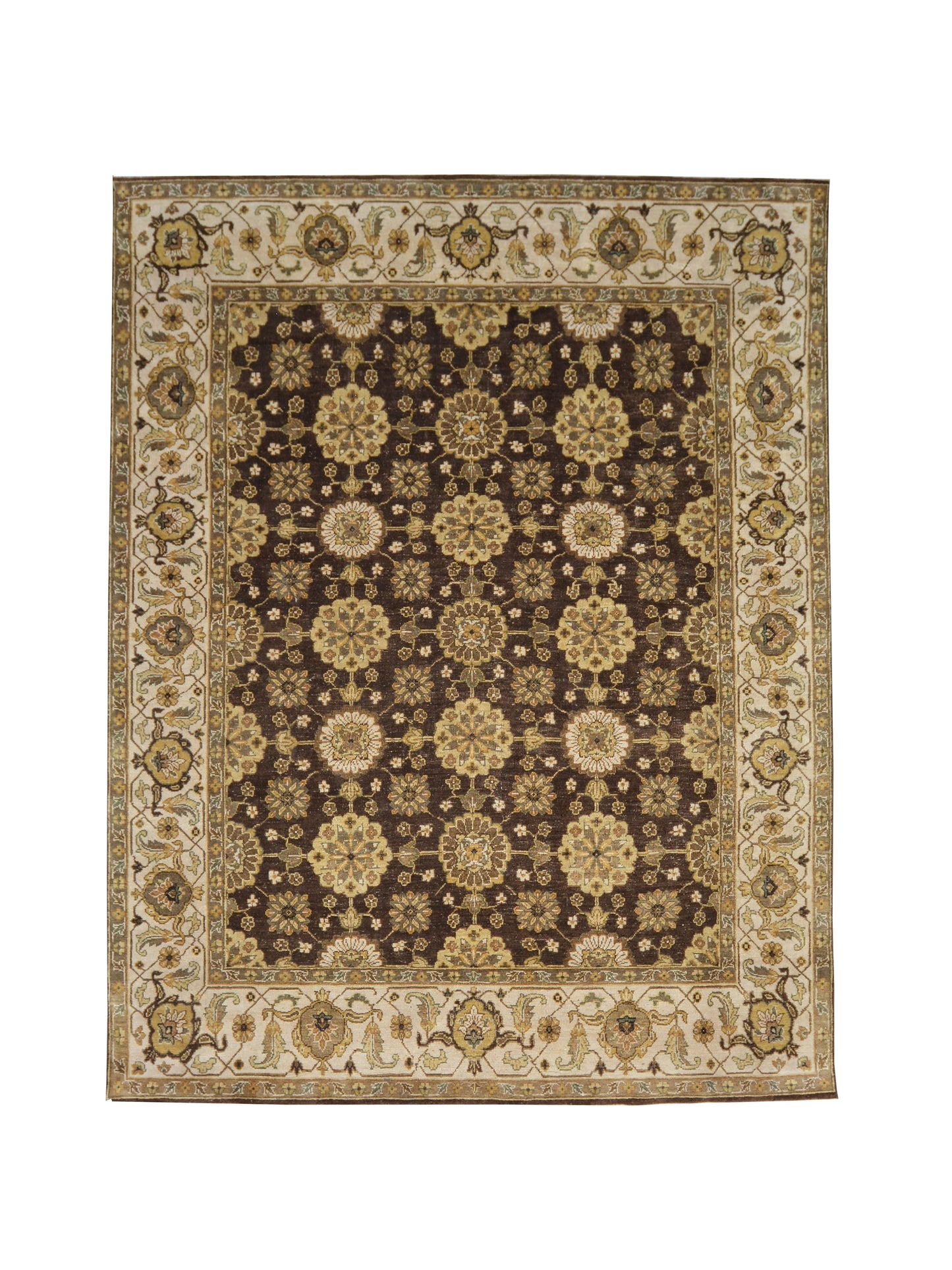 Ivory and Brown, Pure Silk Zero Pile Traditional Handknotted 8.0x10.0Ft 245x305Cms Area Rug