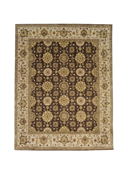 Ivory and Brown, Pure Silk Zero Pile Traditional Handknotted 8.0x10.0Ft 245x305Cms Area Rug