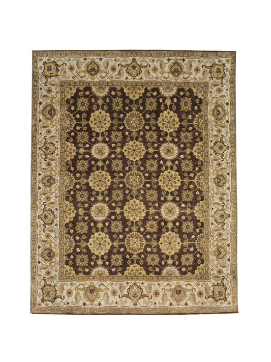 Ivory and Brown, Pure Silk Zero Pile Traditional Handknotted 8.0x10.0Ft 245x305Cms Area Rug