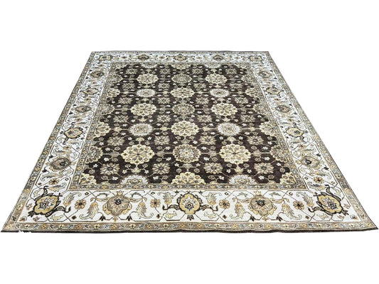 Ivory and Brown, Pure Silk Zero Pile Traditional Handknotted 8.0x10.0Ft 245x305Cms Area Rug