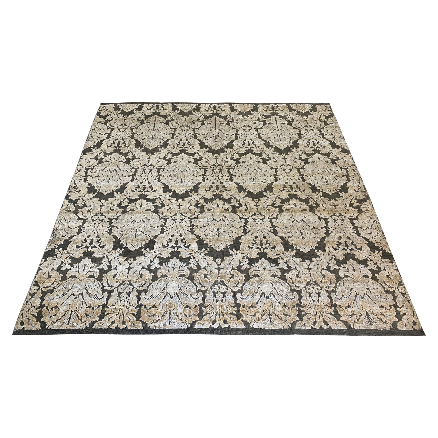 Grey and Gold, Silk and Wool Oxidized Assorted Transitional Handknotted 7.11x8.0Ft 243x245Cms Area Rug