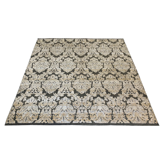 Grey and Gold, Silk and Wool Oxidized Assorted Transitional Handknotted 7.11x8.0Ft 243x245Cms Area Rug