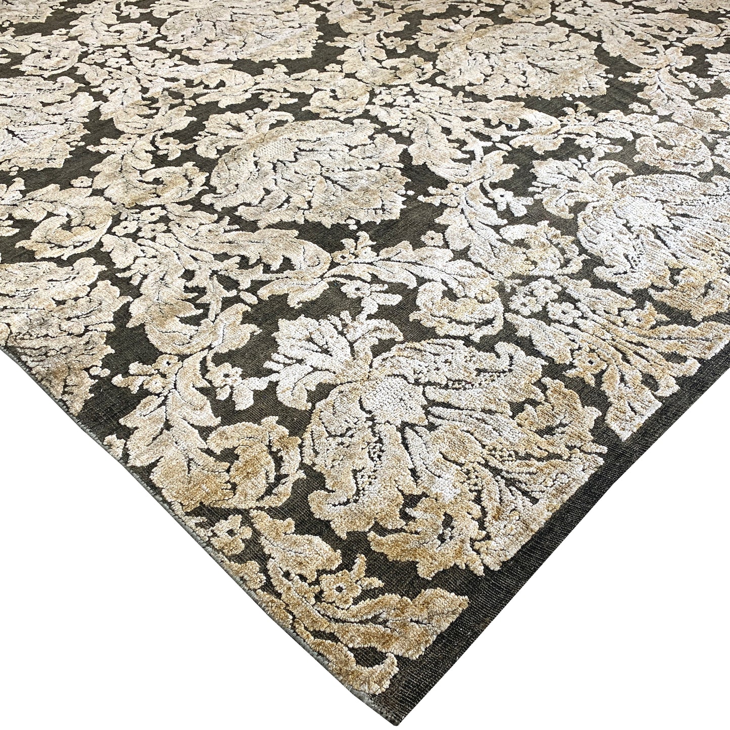 Grey and Gold, Silk and Wool Oxidized Assorted Transitional Handknotted 7.11x8.0Ft 243x245Cms Area Rug