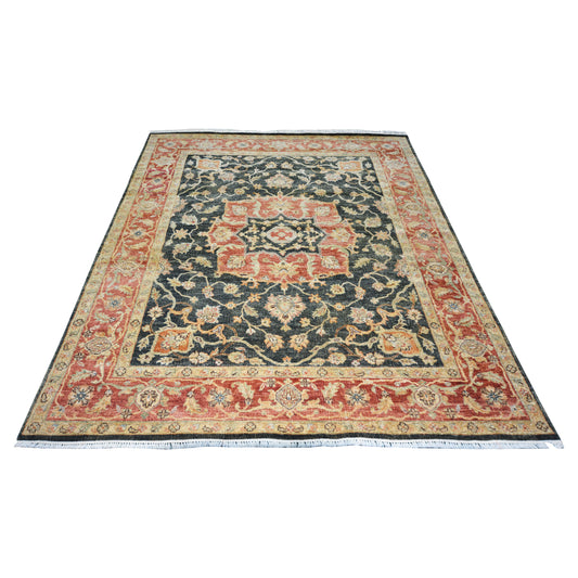 Garden Black, Red and Gold Traditional Heriz Pure Wool Handknotted 7.10x10.2Ft 237x310Cms Area Rug