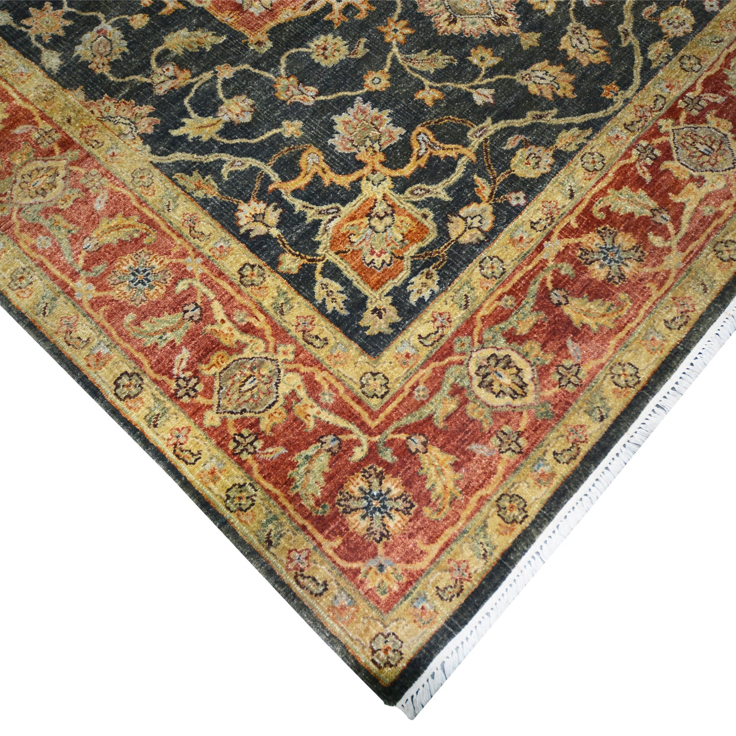 Get trendy with Garden Black, Red and Gold Traditional Heriz Pure Wool Handknotted Area Rug - Traditional Rugs available at Jaipur Oriental Rugs. Grab yours for $3345.00 today!