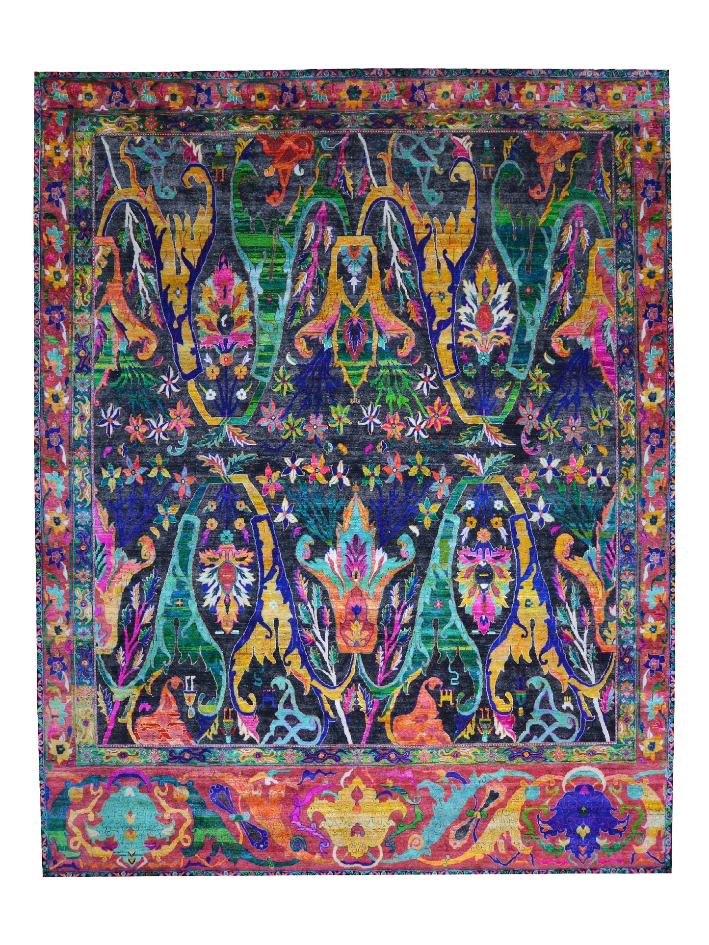 ONE OF A KIND Black and Green, Sari Silk + Silk Wool Oxidized Transitional Bidzar Handknotted 11.11x15.3ft 364x464Cms Area Rug