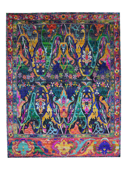 ONE OF A KIND Black and Green, Sari Silk + Silk Wool Oxidized Transitional Bidzar Handknotted 11.11x15.3ft 364x464Cms Area Rug