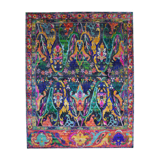 ONE OF A KIND Black and Green, Sari Silk + Silk Wool Oxidized Transitional Bidzar Handknotted 11.11x15.3ft 364x464Cms Area Rug