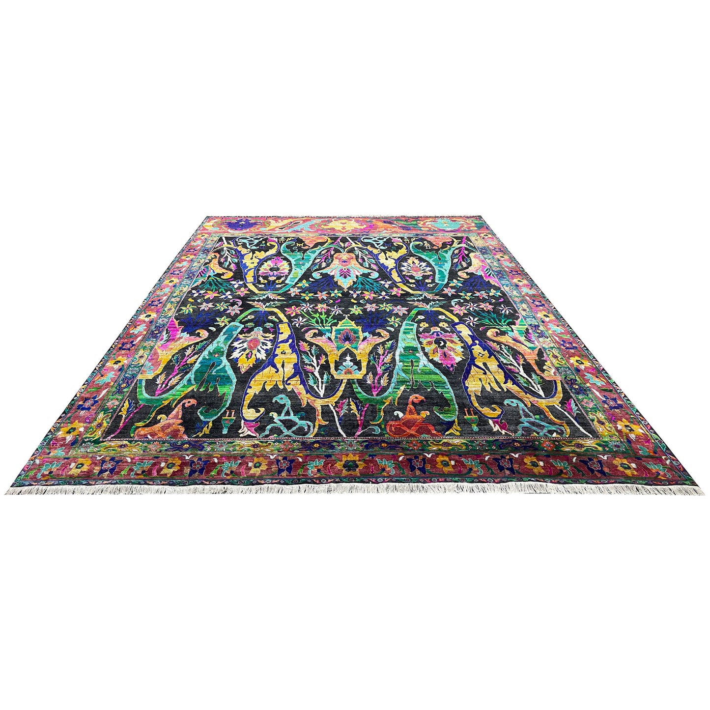 ONE OF A KIND Black and Green, Sari Silk + Silk Wool Oxidized Transitional Bidzar Handknotted 11.11x15.3ft 364x464Cms Area Rug