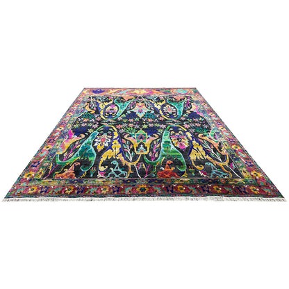 ONE OF A KIND Black and Green, Sari Silk + Silk Wool Oxidized Transitional Bidzar Handknotted 11.11x15.3ft 364x464Cms Area Rug