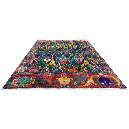 ONE OF A KIND Black and Green, Sari Silk + Silk Wool Oxidized Transitional Bidzar Handknotted 11.11x15.3ft 364x464Cms Area Rug