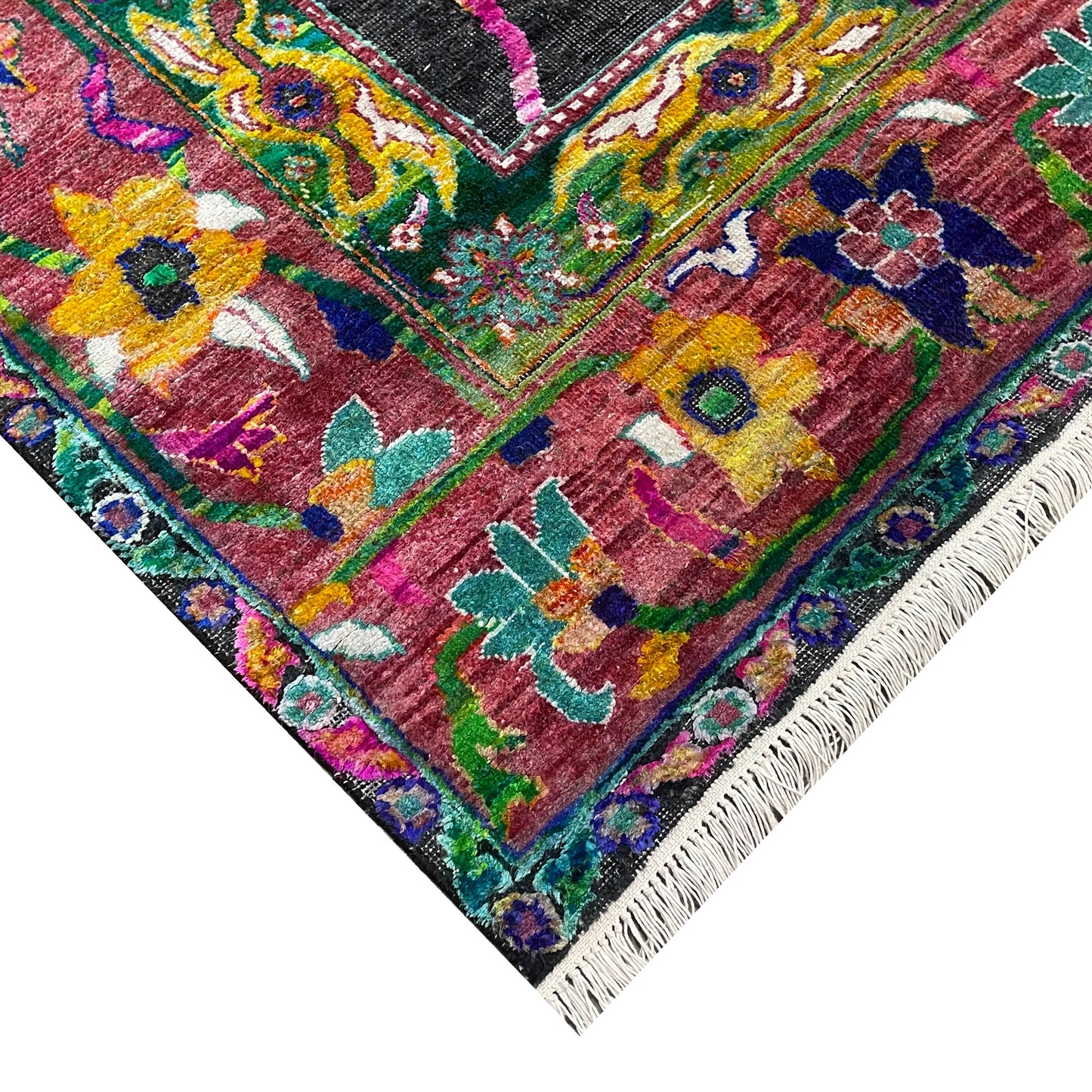 ONE OF A KIND Black and Green, Sari Silk + Silk Wool Oxidized Transitional Bidzar Handknotted 11.11x15.3ft 364x464Cms Area Rug