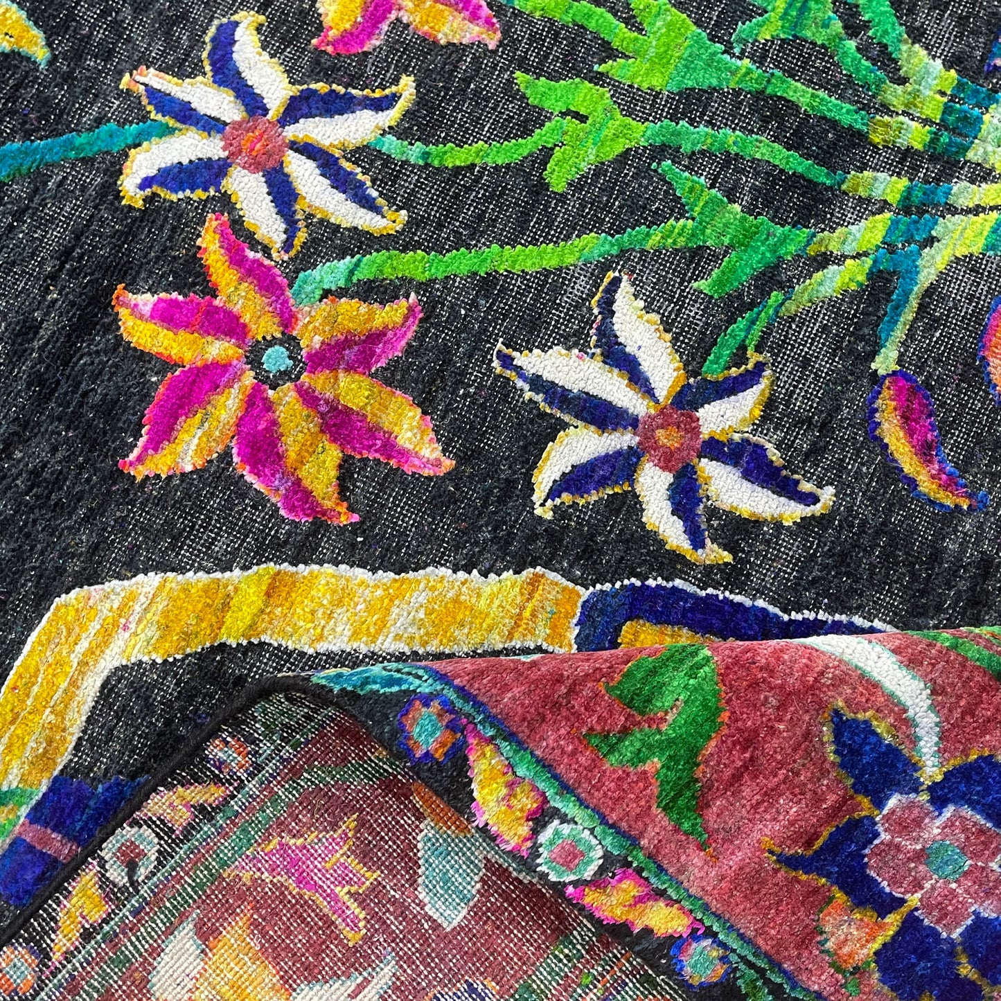 ONE OF A KIND Black and Green, Sari Silk + Silk Wool Oxidized Transitional Bidzar Handknotted 11.11x15.3ft 364x464Cms Area Rug