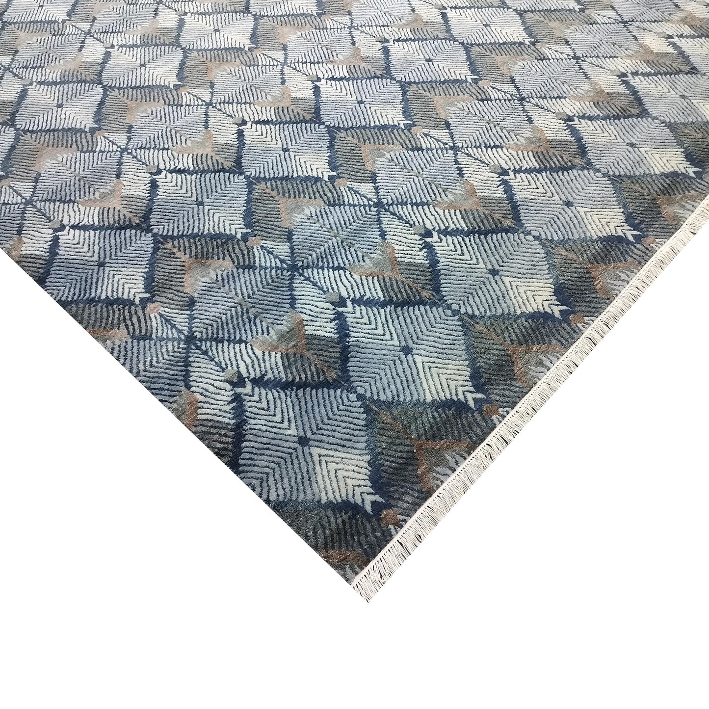 Blue and Brown, Pure Wool Carved Pile Modern Handknotted 9.0x12.0Ft 275x365Cms Area Rug
