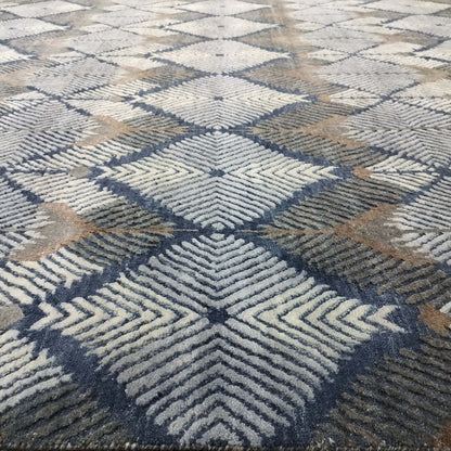 Blue and Brown, Pure Wool Carved Pile Modern Handknotted 9.0x12.0Ft 275x365Cms Area Rug