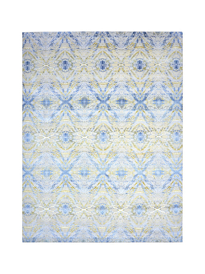 Ivory Blue and Gold Silk and Wool Distressed Modern Abstract Handknotted Area Rug