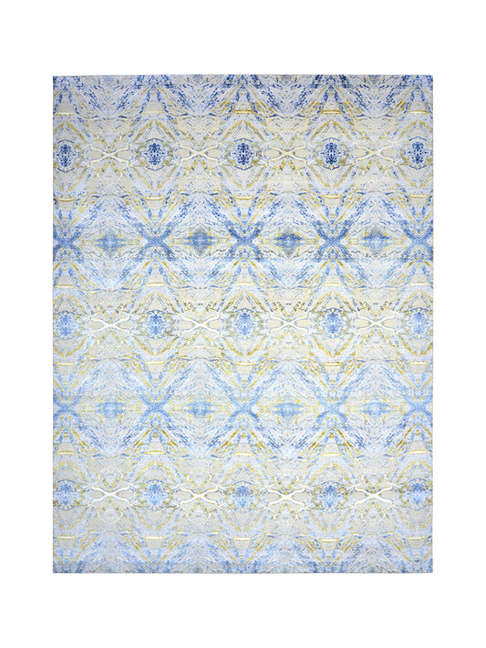 Ivory Blue and Gold Silk and Wool Distressed Modern Abstract Handknotted Area Rug