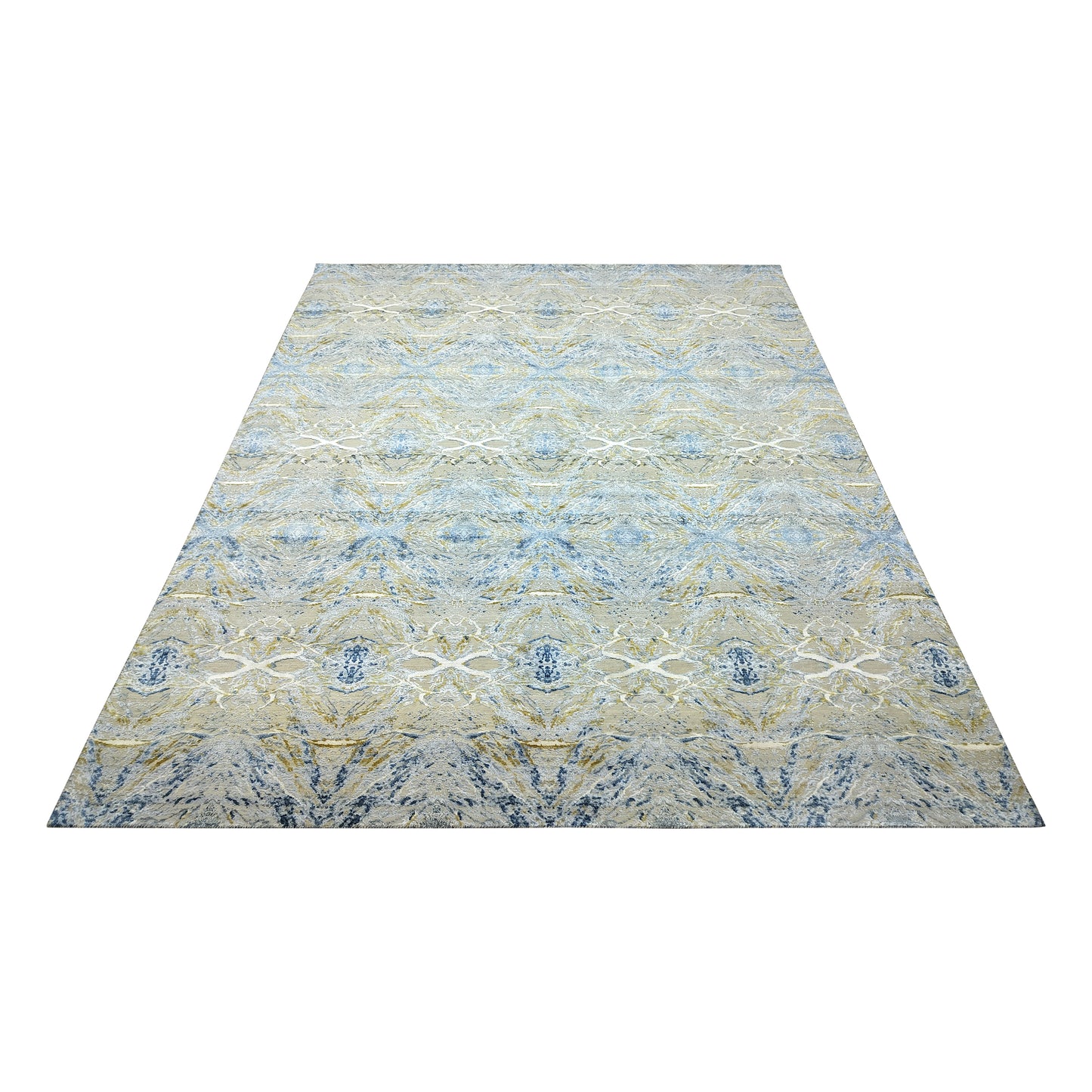 Ivory Blue and Gold Silk and Wool Distressed Modern Abstract Handknotted Area Rug